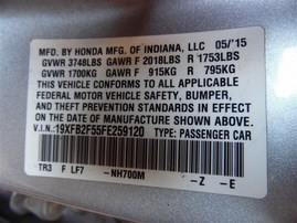 2015 Honda Civic LX Silver Sedan 1.8L AT #A24928